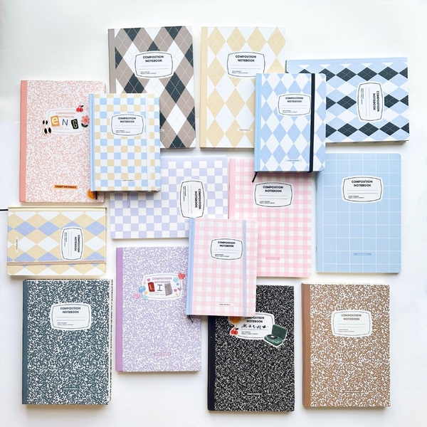 Sổ tay A5 kẻ ngang 130gsm Composition Gingham (Tặng kèm sticker) - Caro xanh be