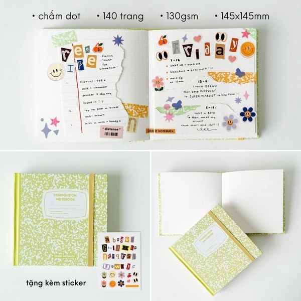 Sổ dot khổ vuông 140 trang 130gsm tặng kèm sticker Composition Collection - Vàng chanh Lime