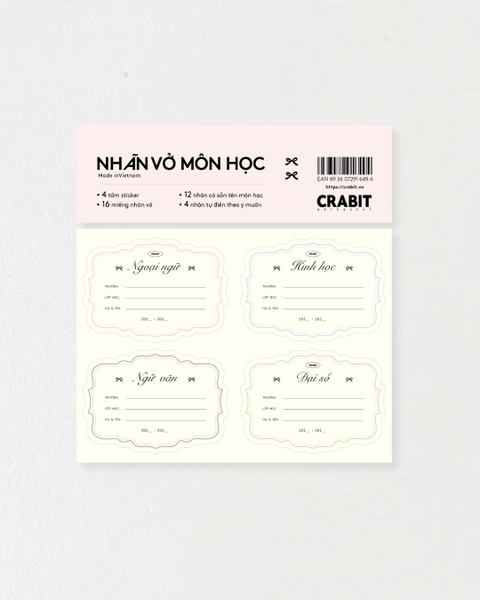 Tập 16 nhãn vở in sẵn tên môn học - Nơ trắng