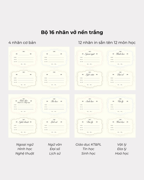 Tập 16 nhãn vở in sẵn tên môn học - Nơ trắng