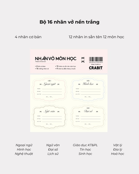 Tập 16 nhãn vở in sẵn tên môn học - Nơ trắng