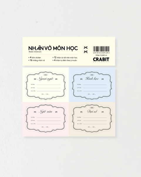 Tập 16 nhãn vở in sẵn tên môn học - Nơ màu