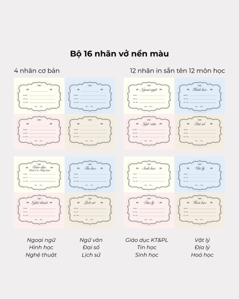 Tập 16 nhãn vở in sẵn tên môn học - Nơ màu