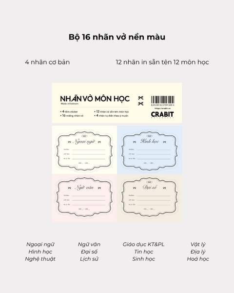 Tập 16 nhãn vở in sẵn tên môn học - Nơ màu