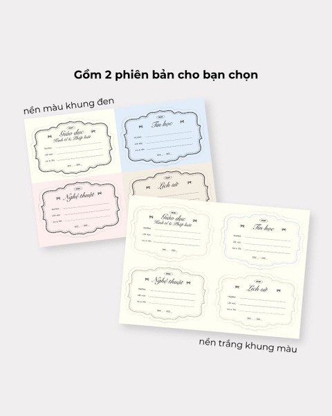 Tập 16 nhãn vở in sẵn tên môn học - Nơ màu