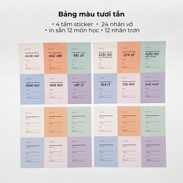 Nhãn vở in sẵn tên môn học Crabit 24 nhãn dán 12 môn - Tag Hồng