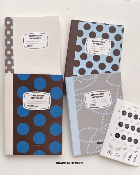 Vở kẻ ngang 200 trang Composition bìa cứng tặng kèm sticker Chấm bi Xanh Xám