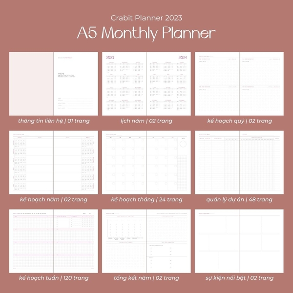 Sổ lịch Planner 2023 lên kế hoạch 12 tháng - Màu hồng