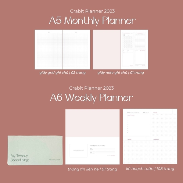 Sổ lịch Planner 2023 lên kế hoạch 12 tháng - Màu hồng