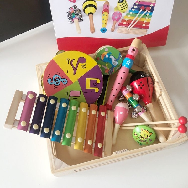COMBO 9 món đồ chơi nhạc cụ cho bé kèm khay gỗ