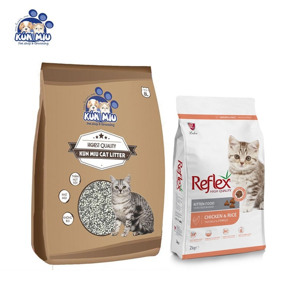 Combo cát vệ sinh cà phê 8L và thức ăn Reflex Kitten 2kg