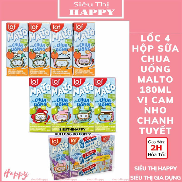 [Mua 3 lốc tặng 1 ly] Sữa chua uống Malto lốc 4 hộp 180ml vị cam/nho/chanh tuyết