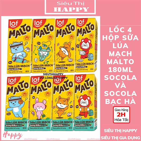 Lốc 4 hộp sữa lúa mạch Malto 180ml vị socola và socola bạc hà