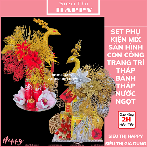 Set trang trí mix sẵn hình con công - Set công trang trí tháp bánh kẹo, tháp bia, tháp nước ngọt - NC&ĐS