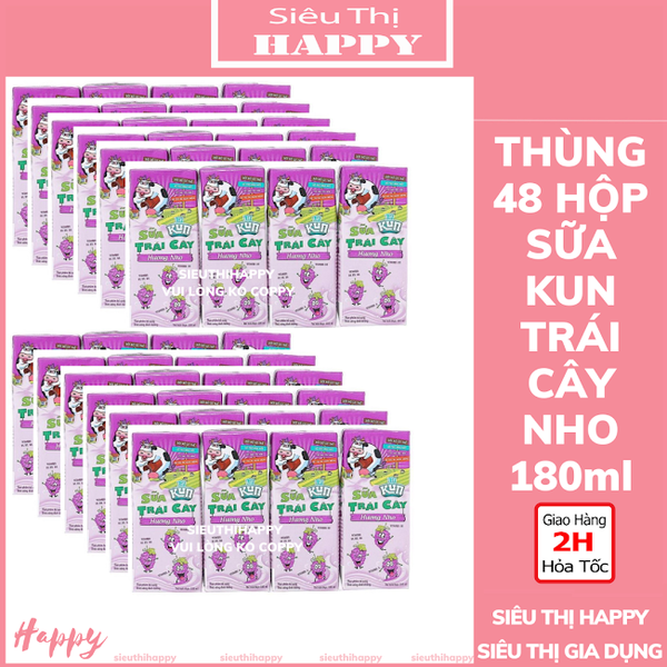 Thùng 48 hộp x 180ml Kun sữa trái cây hương cam/nho/nhiệt đới.