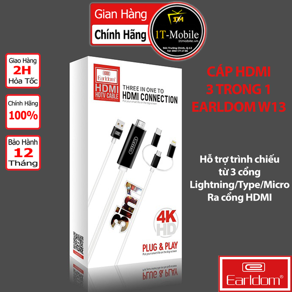 Cáp HDMI 3in1 Earldom W13 ( Độ Phân Giải 4K, Tích Hợp 3 Đầu Lightning, Micro, TypeC )