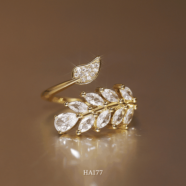 Nhẫn nữ dạng lá ôliu mạ vàng đính đá cao cấp có thể tùy chỉnh Size phong cách Hàn Quốc HA177