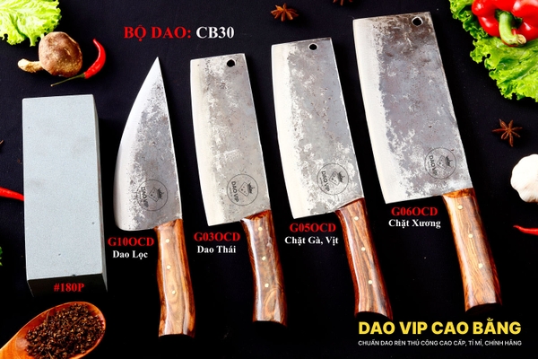 BỘ DAO BẾP CB30 cán ốp cẩm + ĐÁ MÀI DAO VIP CAO BẰNG
