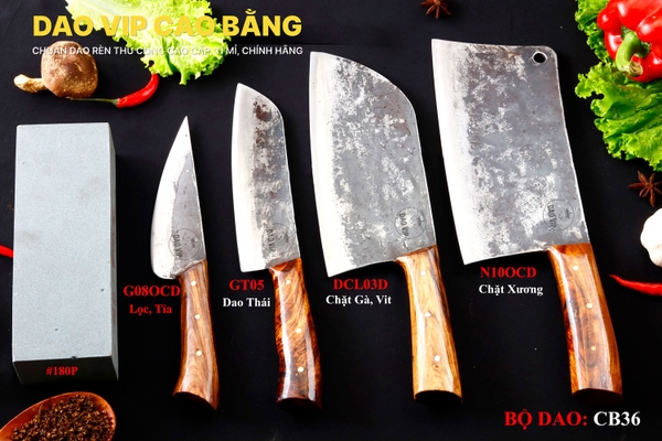 COMBO BỘ DAO BẾP CB36 cán ốp cẩm + ĐÁ MÀI DAO VIP CAO BẰNG
