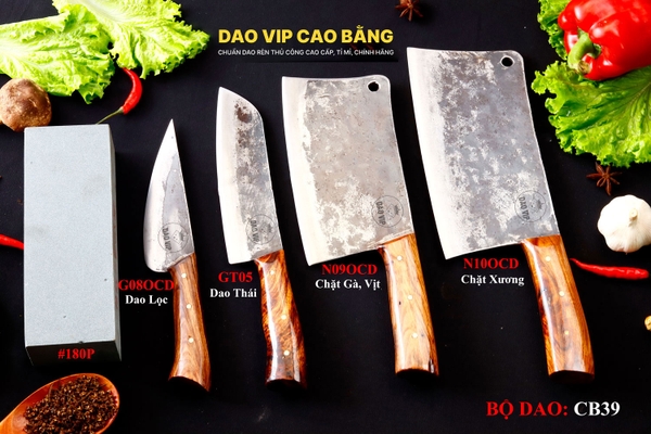 BỘ DAO BẾP CB39 thép nhíp xe cán gỗ cẩm DAO VIP CAO BẰNG