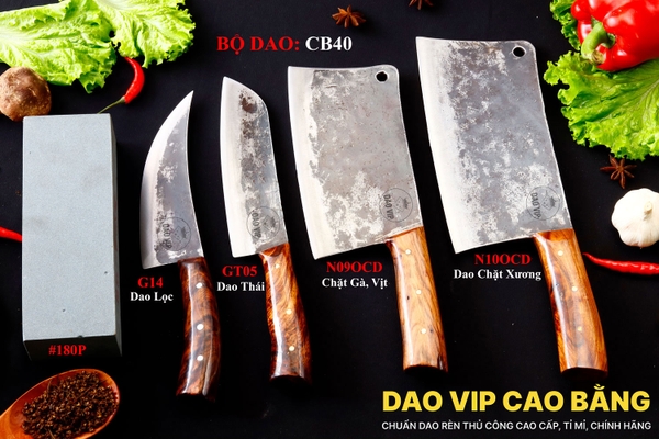 BỘ DAO BẾP CB40 thép nhíp xe cán gỗ cẩm DAO VIP CAO BẰNG