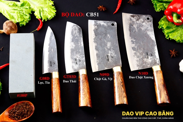 BỘ DAO BẾP CB51 cán cẩm khâu đồng + ĐÁ MÀI DAO VIP CAO BẰNG