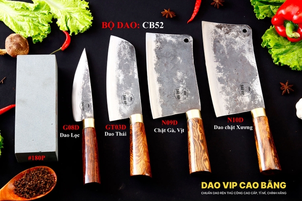 BỘ DAO BẾP CB52 cán cẩm khâu đồng + ĐÁ MÀI DAO VIP CAO BẰNG
