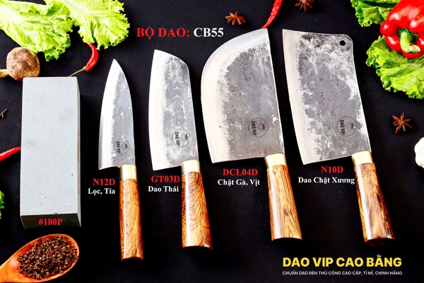 BỘ DAO BẾP CB55 cán cẩm khâu đồng + ĐÁ MÀI DAO VIP CAO BẰNG