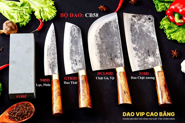 BỘ DAO BẾP CB58 cán cẩm khâu đồng + ĐÁ MÀI DAO VIP CAO BẰNG