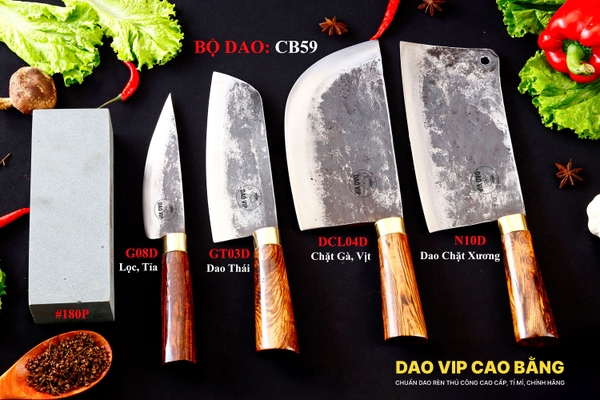 BỘ DAO BẾP CB59 cán cẩm khâu đồng + ĐÁ MÀI DAO VIP CAO BẰNG