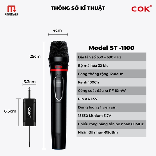 Micro Không Dây Đa Năng COK 1100 Hợp Kim Nhôm Cao Cấp, Bộ Lọc Âm Thanh Thế Hệ Mới