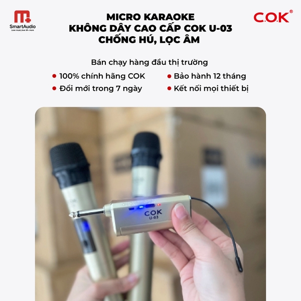 Micro Karaoke Không Dây Cao Cấp COK U-03 Chống Hú, Lọc Âm Tốt