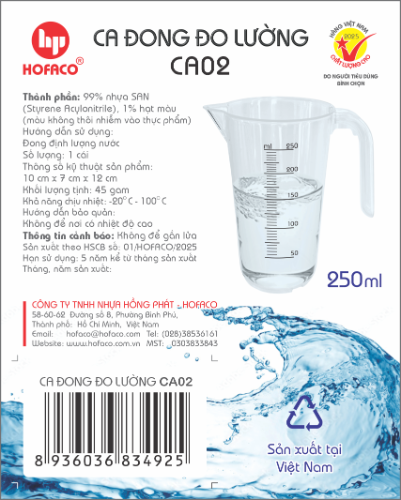 Ca Đong Đo Lường vạch Đỏ nhựa cứng Hofaco - 250ml (CA02)