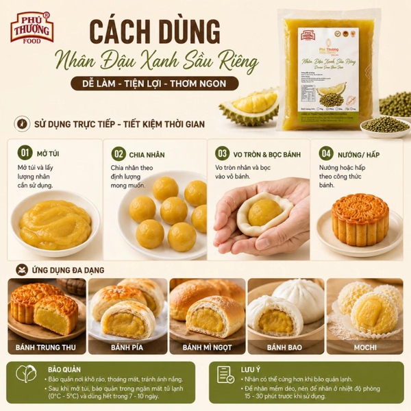 PTFOOD - Nhân Trung Thu Đậu Xanh SẦU RIÊNG - Gói 1kg