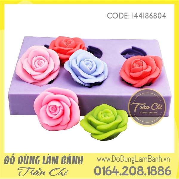 SF606 - Khuôn silicone hoa hồng nở xòe cánh cong vỉ 6c