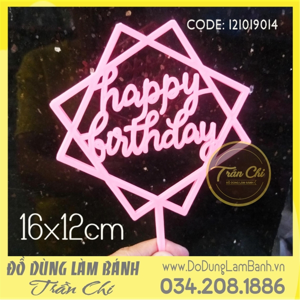 Topper cắm nhựa lớn - HAPPY BIRTHDAY vuông HỒNG - Lốc 10c