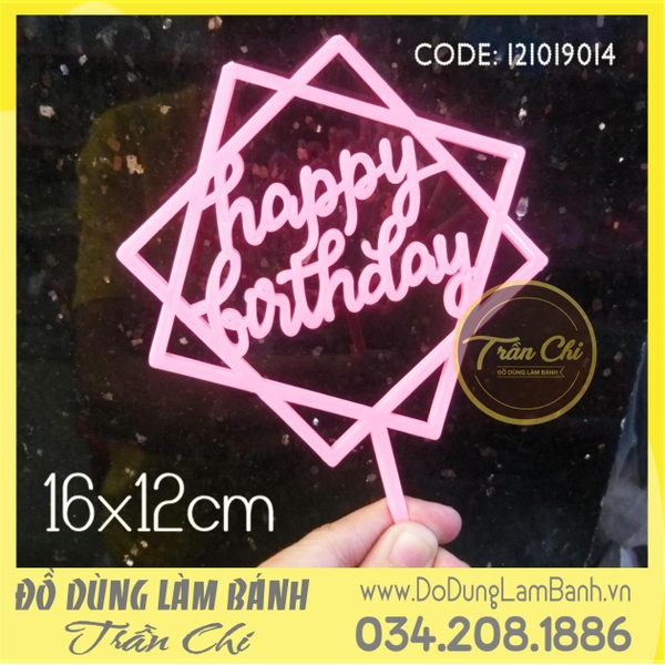 Topper cắm nhựa lớn - HAPPY BIRTHDAY vuông HỒNG - Lốc 10c
