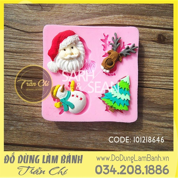 Khuôn silicone Ông Noel, người tuyết, thông và tuần lộc vuông