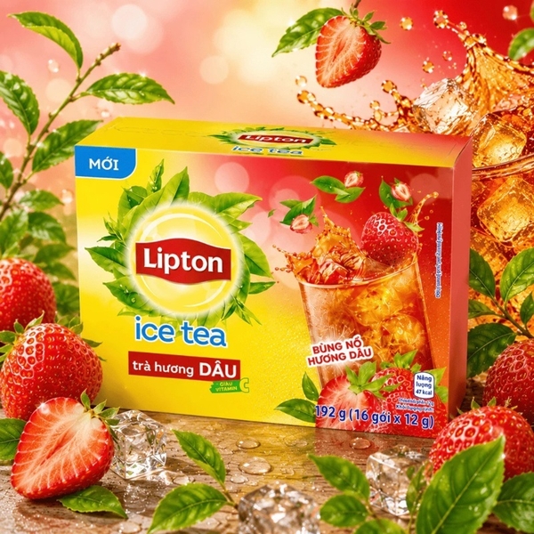Trà LIPTON Hòa Tan Vị DÂU - Hộp 192gr (16 gói x 12gr)