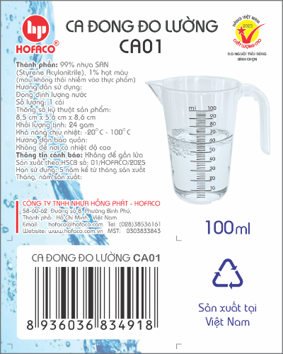 Ca Đong Đo Lường vạch Đỏ nhựa cứng Hofaco - 100ml (CA01)