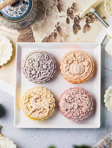 T1584 - Khuôn ấn trung thu lò xo TRÒN 150gr 4 mặt 2025 - Mẫu 1