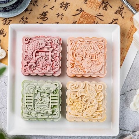 V1554 - Khuôn ấn trung thu lò xo VUÔNG 150gr 4 mặt 2025 - Mẫu 1