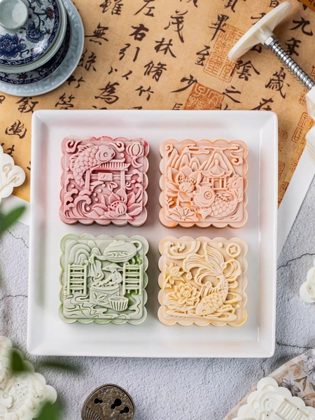 V2054 - Khuôn ấn trung thu lò xo VUÔNG 200gr 4 mặt 2025 - Mẫu 1