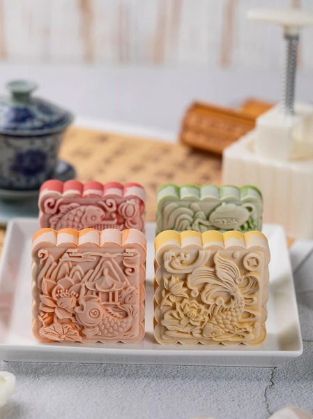 V2054 - Khuôn ấn trung thu lò xo VUÔNG 200gr 4 mặt 2025 - Mẫu 1