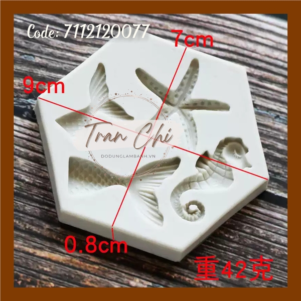 SL0439 - Khuôn silicone Đuôi cá 2c, Sao biển, Cá ngựa hình Lục Giác (18/11)