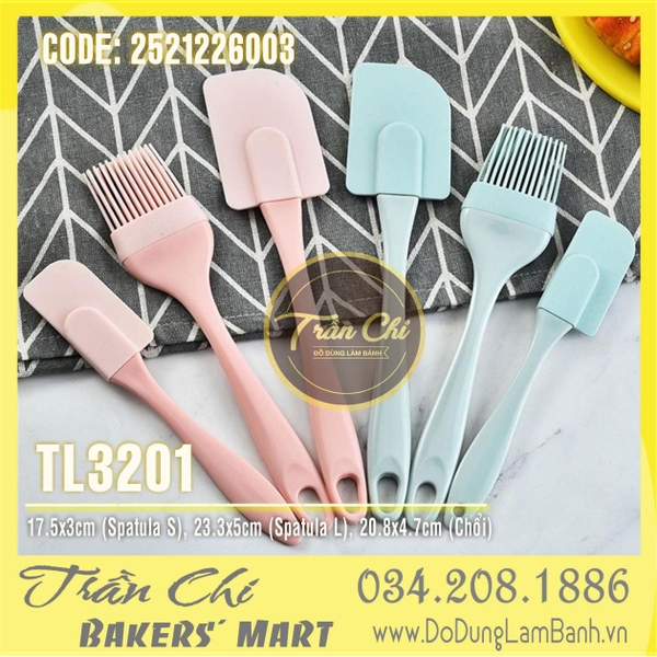 Combo bộ dụng cụ 1 màu PASTEL 3 món: 02 Spatula vét, 01 chổi quét silicone (MÀU NGẪU NHIÊN) (TL3201)