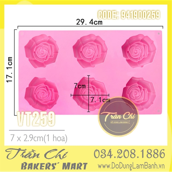 Khuôn silicone vỉ hoa HỒNG xoắn TRUNG 6c (VT259)