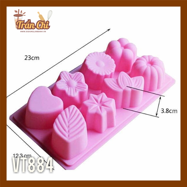 VT884 - Khuôn silicone vỉ Lá, Tim, Hoa các loại 8c (27/11)