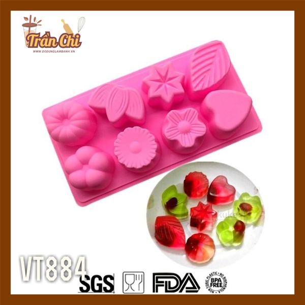 VT884 - Khuôn silicone vỉ Lá, Tim, Hoa các loại 8c (27/11)