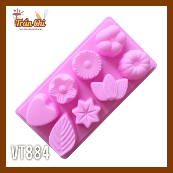 VT884 - Khuôn silicone vỉ Lá, Tim, Hoa các loại 8c (27/11)